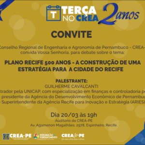 Próxima edição do Terça no CREA trará palestra sobre estratégia para a cidade do Recife