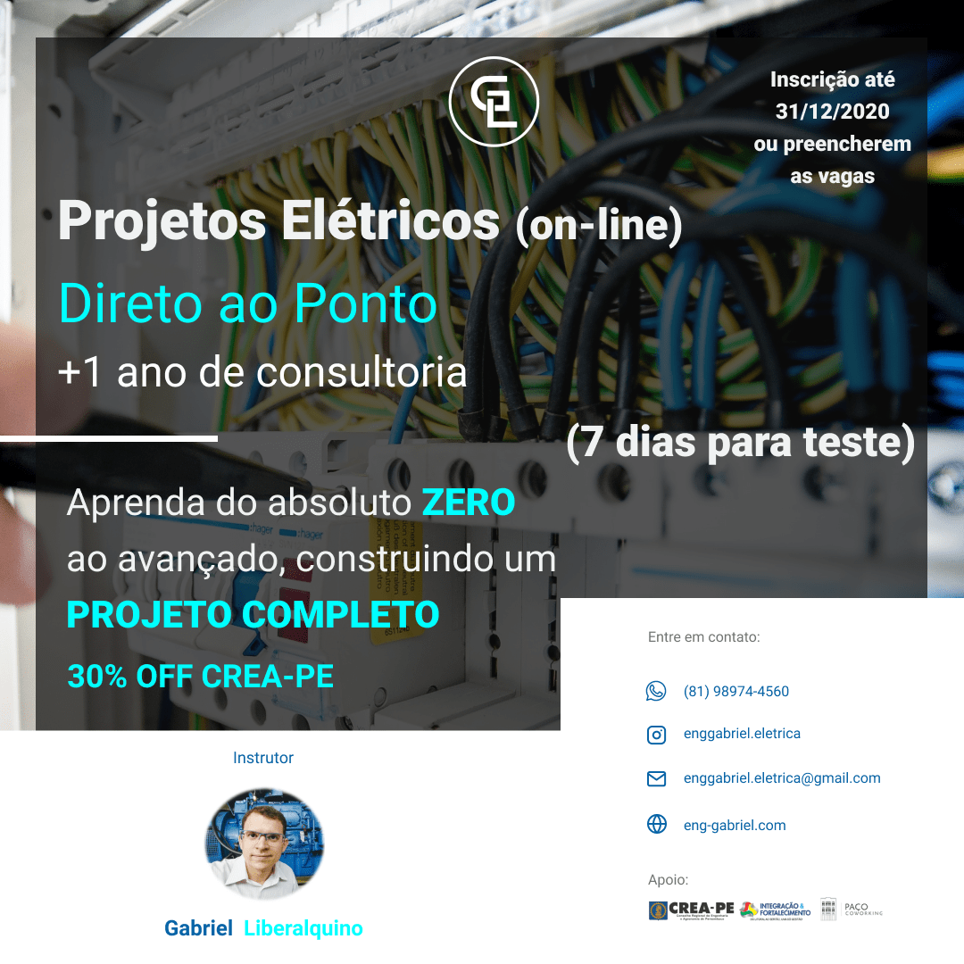 A empresa Paço Coworking, empresa parceira do CREA-PE, abre inscrições para o curso on-line Projetos Elétricos Direto ao Ponto, ministrado pelo Engenheiro Eletricista Gabriel Liberalquino