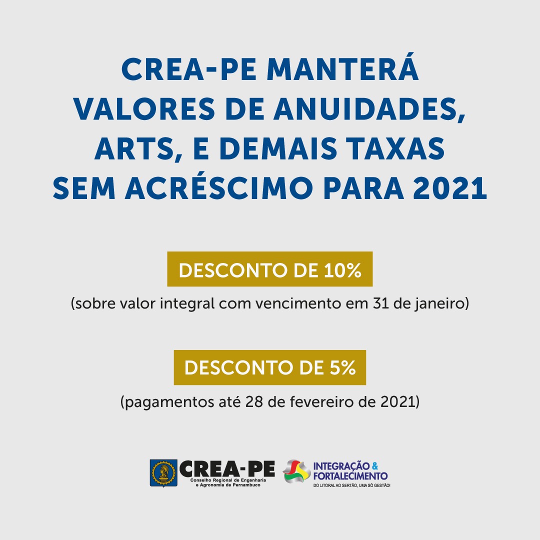 Crea-PE manterá valores de anuidades, ARTs, e demais taxas sem acréscimo para 2021